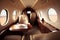 Private jet interior features plush leather seats, spacious cabin, large windows, high-end finishes, and a table.