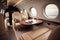 Private jet interior features plush leather seats, spacious cabin, large windows, high-end finishes, and a table.