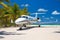 Private jet parked at runway on luxury tropical paradise seashore. Generative AI