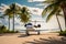 Private jet parked at runway on tropical paradise seashore. Generative AI