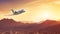 Private Jet Plane Flighing Over Golden Desert At Sunset