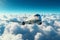 Private Jet Soaring Through a Blue Sky with Clouds, Generative AI