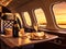 A private jet in the style of modern luxury with beige seat cushions and a bottle of champagne on the table. Generative