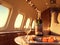 A private jet in the style of modern luxury with beige seat cushions and a bottle of champagne on the table. Generative