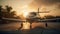 Private Luxury Jet Airplane In Tropical Location Waiting on the Tarmac At Sunset - Generative AI