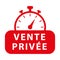 Private sale in french. Red vector icon with chronometer.
