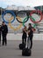 Private traders arriving events are photographed against the backdrop of the . Sochi Autodrom 2014 FORMULA 1 RUSSIAN GRAND PRIX .