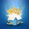 PRIZE gold text. Open textured blue box with confetti explosion inside and golden winning word. Flying particles from giftbox