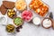 Probiotics food concept. Kimchi, beet sauerkraut, sauerkraut, cottage cheese, peas, olives, bread, chocolate, kefir and pickled