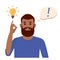 Problem solving concept. Black beard man thinks and solves a problem. A luminous bulb as symbol of the appearance of a