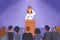 Problem of speakers fear and anxiety of public speech, shy woman standing behind podium