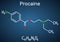 Procaine molecule. Is a local anesthetic drug. Structural chemical formula and molecule model on the dark blue background