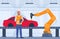 Process of automated car production. Machinery line with robotic hands. Engineer in orange vest and protective helmet controls the