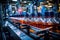 Process of beverage manufacturing on a conveyor belt at a factory.