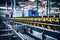 Process of beverage manufacturing on a conveyor belt at a factory.