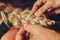 Process of braiding the master weaves braids on her head blond little girl in beauty salon close up. Professional hair