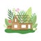 Process of Building Country House, Small Cottage in Spring or Summer Season with Blooming Flowers and Leaves Vector