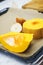 The process of cooking pumpkin for baking. Vegetables on a pan for baking.