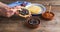 Process of elaboration of huevos rancheros. Mexican cuisine. Copy space