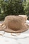 The process of knitting a raffia hat,