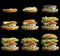 Process making of burger, step by step isolated on black background. Burger wide banner. Split burger. Burger divided in parts