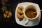 the process of making flat white coffee by pouring steam milk into a cup of espresso, served with low-fat biscuits so that you