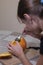 The process of making a Halloween pumpkin. cleansing of seeds. horror theme and Hallowe`en