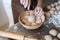 The process of making traditional French bread in a craft bakery. Molding of the Bordeaux crown.