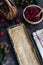 Process of preparation raspberry and blackberry pie, top view on rustic wooden table