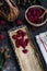 Process of preparation raspberry and blackberry pie, top view on rustic wooden table