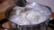 Process Stirring with a Spoonful of Dumplings in Pan of Boiling Water in Home Kitchen