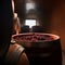 Process of winemaking in winery. Red grapes in the wooden oak barrel. AI generated