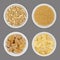 Processed ginger root in white bowls, isolated over gray background