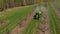 Processing of an apple orchard. A green tractor in an apple orchard. Spraying the garden with a tractor. Tractor sprays