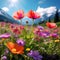 produce an image featuring a plant with colorful blossoms in the midst of a lush blooming meadow