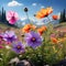 produce an image featuring a plant with colorful blossoms in the midst of a lush blooming meadow