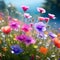 produce an image featuring a plant with colorful blossoms in the midst of a lush blooming meadow