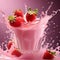 produce a macro photograph of a single droplet of strawberry milk suspended in mid air after a splas