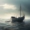 produce a serene maritime scene featuring a boat in isolation surrounded only by the vastness