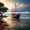 produce a serene maritime scene featuring a boat in isolation surrounded only by the vastness
