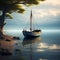 produce a serene maritime scene featuring a boat in isolation surrounded only by the vastness