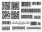 Product barcodes. Industrial barcode, qr code and scan bar label. Inventory badge codes, supermarket scanning sign