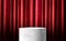 Product display glossy white marble cylinder stand with red curtain wall background.Banner mockup space for display of product