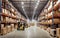 Product distribution center, retail warehouse full of shelves with goods in cartons, with pallets and forklifts