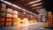 Product distribution center, Retail warehouse full of shelves with goods in cartons, with pallets and forklifts. Logistics and