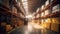 Product distribution center, Retail warehouse full of shelves with goods in cartons, with pallets and forklifts. Logistics and