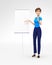 Product Flip-Chart Mockup and Blank Board with Serious and Strict Jenny - 3D Cartoon Female Character in Casual Clothes