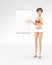 Product Flip-Chart Mockup and Blank Board with Serious and Strict Jenny - 3D Cartoon Female Character in Swimsuit Bikini