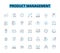 Product management linear icons set. strategy, roadmap, prioritization, ideation, analysis, development, launch line