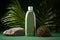 Product mockup Dispenser bottle, rock, and palm leaf on vibrant green studio